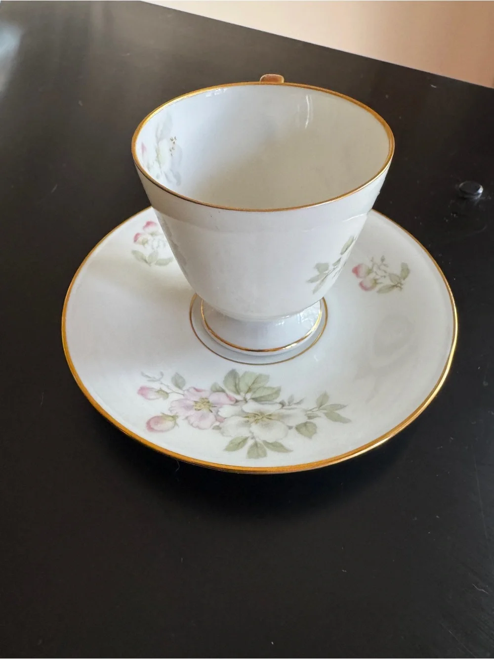 Vintage Tirschenreuth Bavaria Footed Cup & Saucer - Pink & White Apple Blossoms